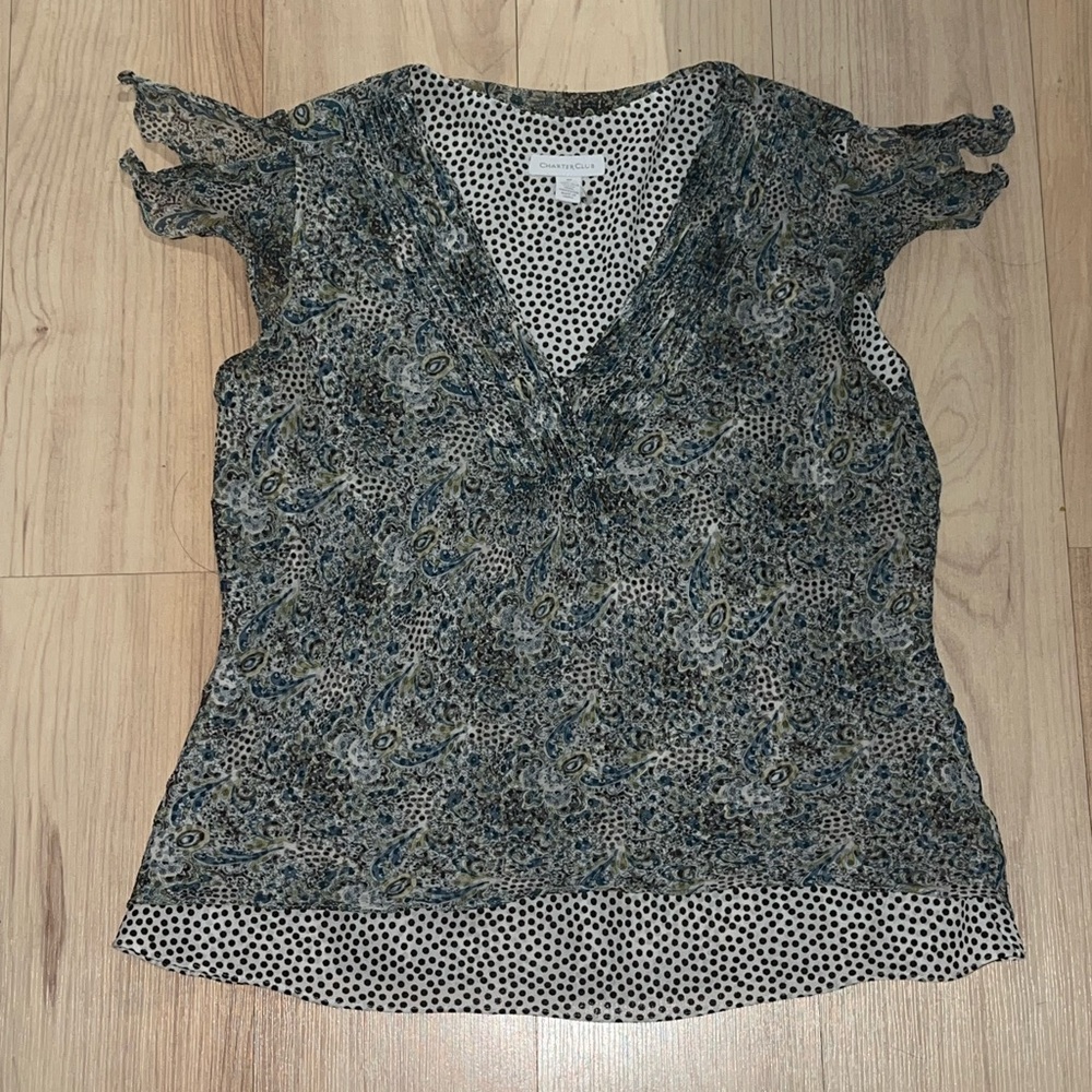 Charter Club Blue Paisley & Black Dot Mixed-Print V-Neck Top